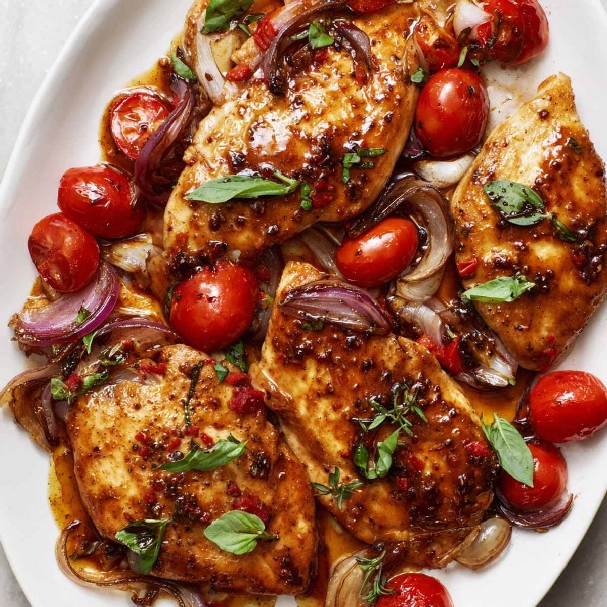 Tender One Pan Juicy Chicken With Balsamic Sauce served hot with garlic and cherry tomatoes ready for dinner.