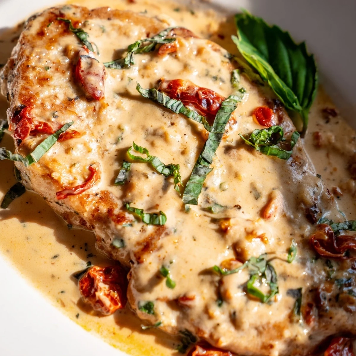 Golden brown Marry Me pork chops resting in creamy sun-dried tomato parmesan sauce garnished with fresh basil