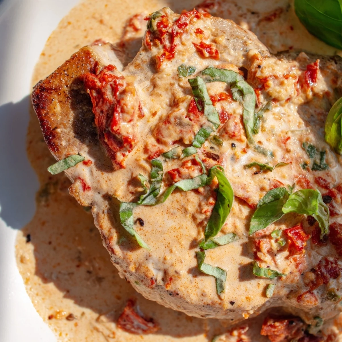Succulent boneless Marry Me pork chops simmered in rich white sauce with chopped sun-dried tomatoes and herbs