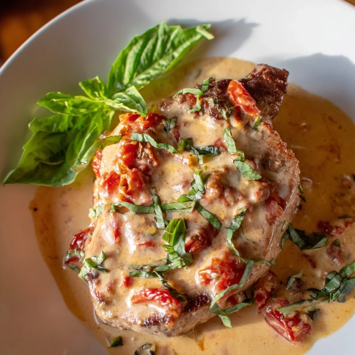 Juicy seasoned Marry Me pork chops plated in velvety garlic parmesan cream sauce with red pepper flakes