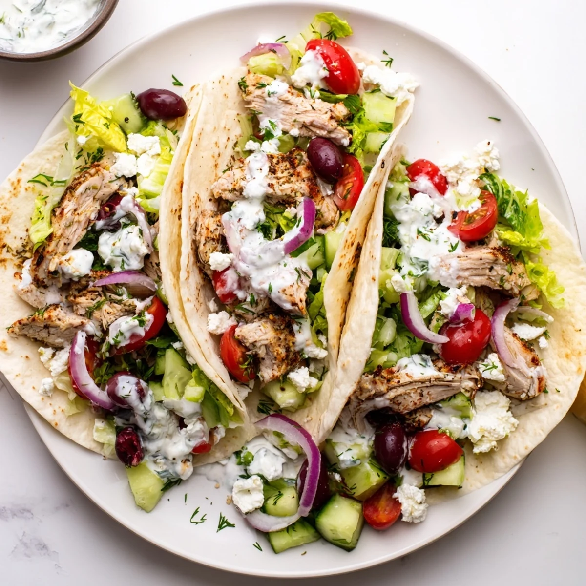 Tender sliced chicken Quick Mediterranean Chicken Tacos drizzled with zesty yogurt sauce and fresh garden toppings