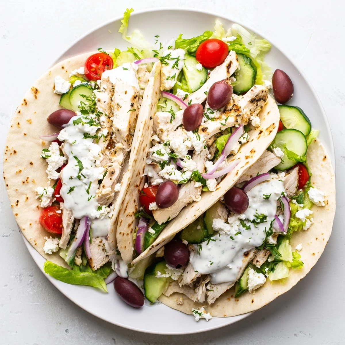 Golden grilled Quick Mediterranean Chicken Tacos topped with crisp vegetables and crumbled feta in soft tortillas