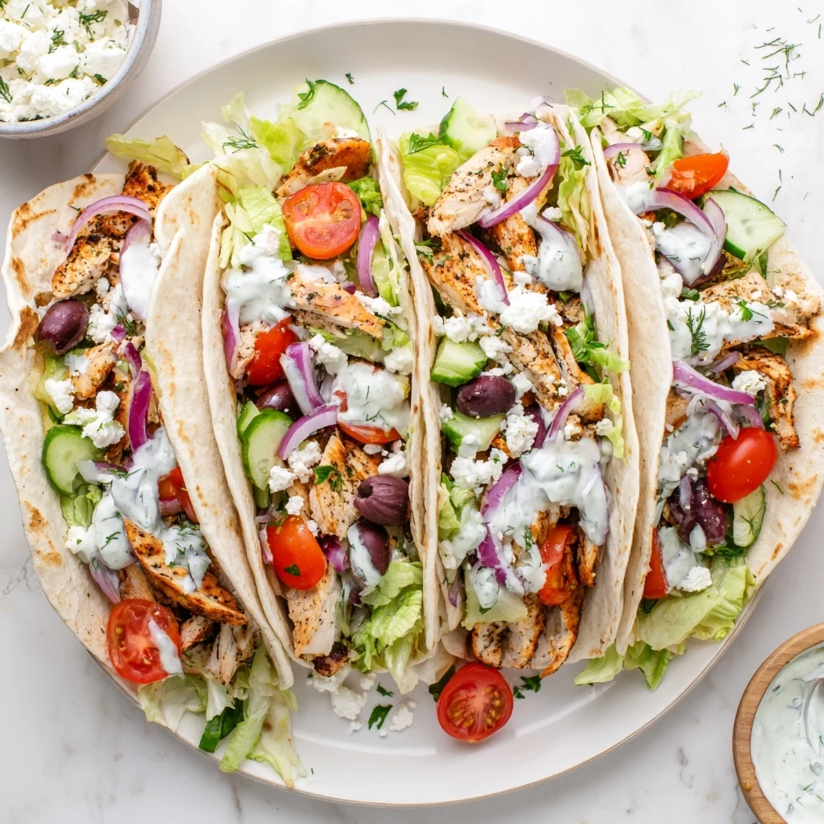 Colorful Quick Mediterranean Chicken Tacos overflowing with lettuce, tomatoes, cucumber, olives, and creamy feta cheese