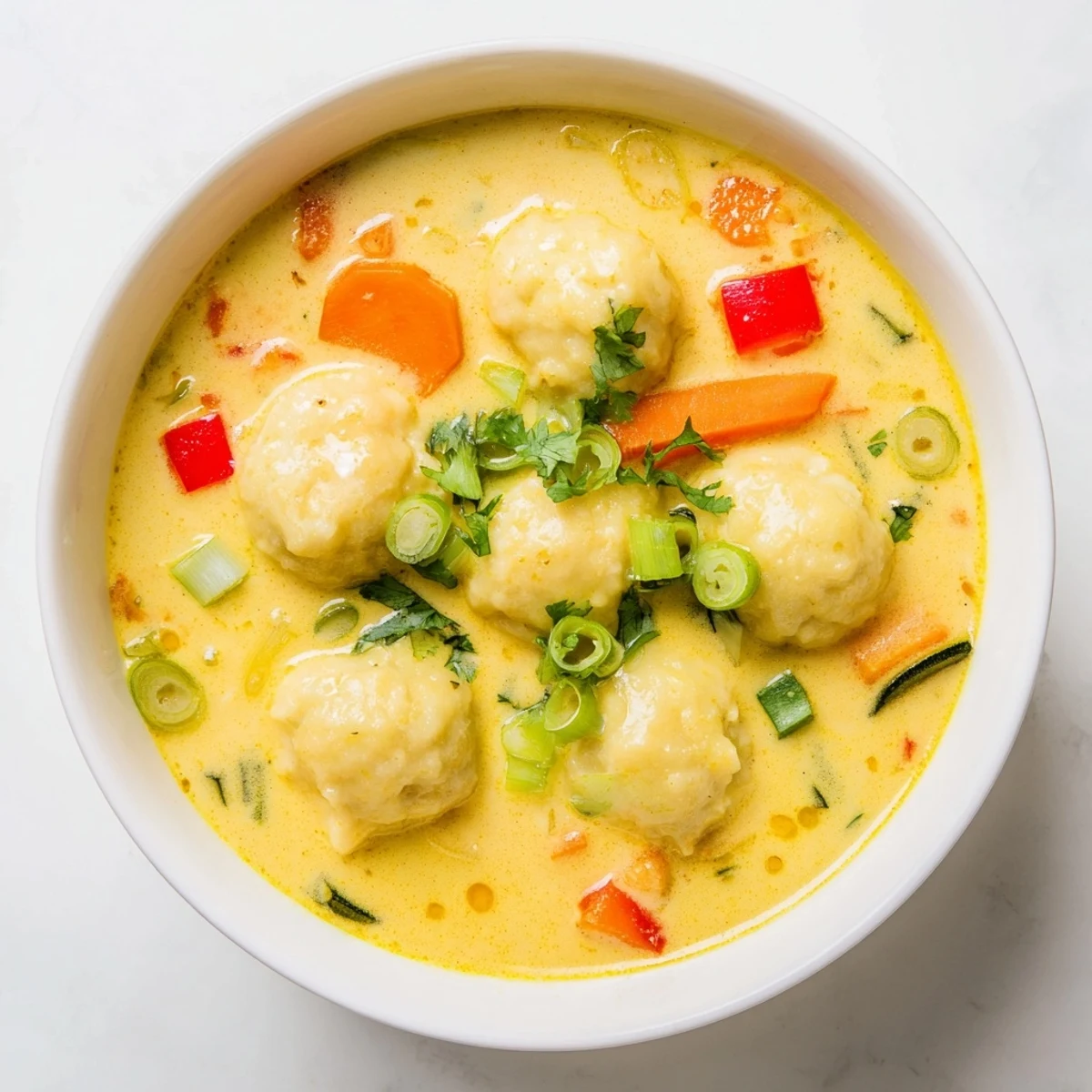 Creamy coconut curry soup featuring tender dumplings floating in aromatic yellow spiced broth