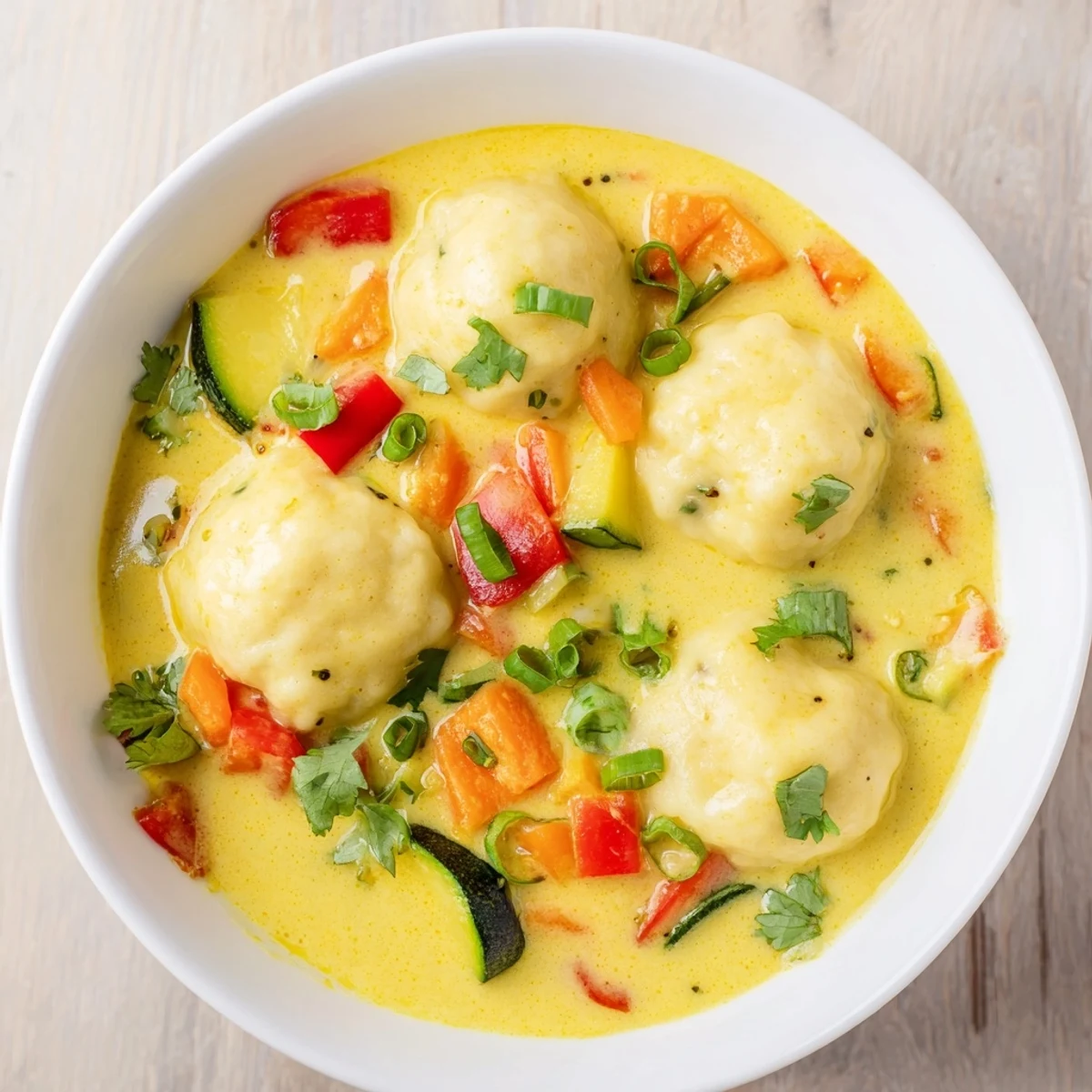 Golden coconut curry soup bowl with fluffy dumplings, vegetables, and fresh cilantro garnish