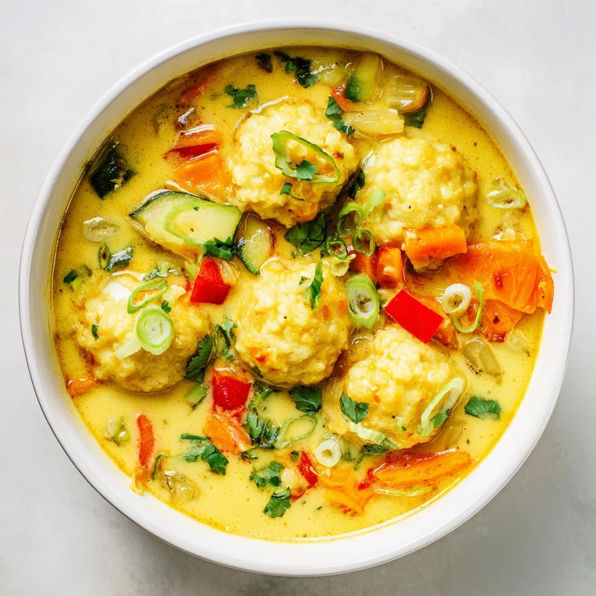 Steaming bowl of coconut curry soup with light dumplings, colorful vegetables, and lime wedges
