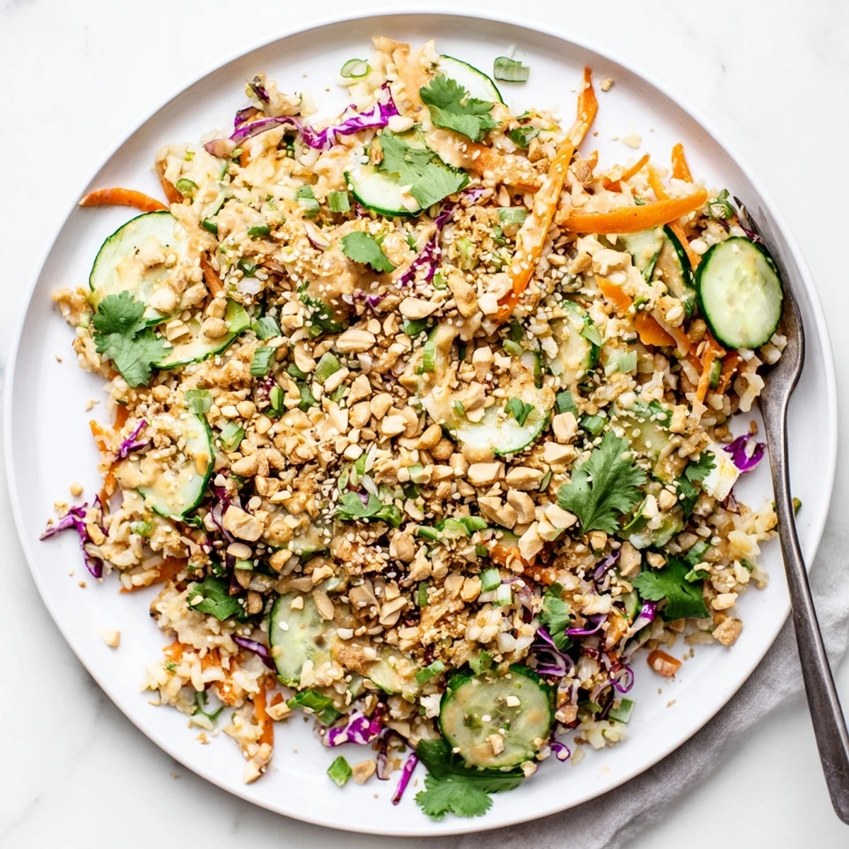 Vibrant Asian-inspired crispy rice salad topped with fresh cilantro roasted peanuts and tangy peanut sauce