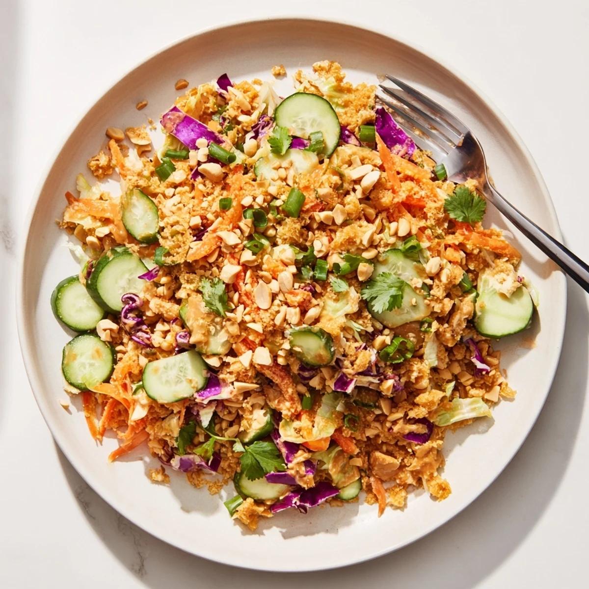 Close-up of crunchy fried rice salad with purple cabbage cucumber carrots and nutty sesame dressing