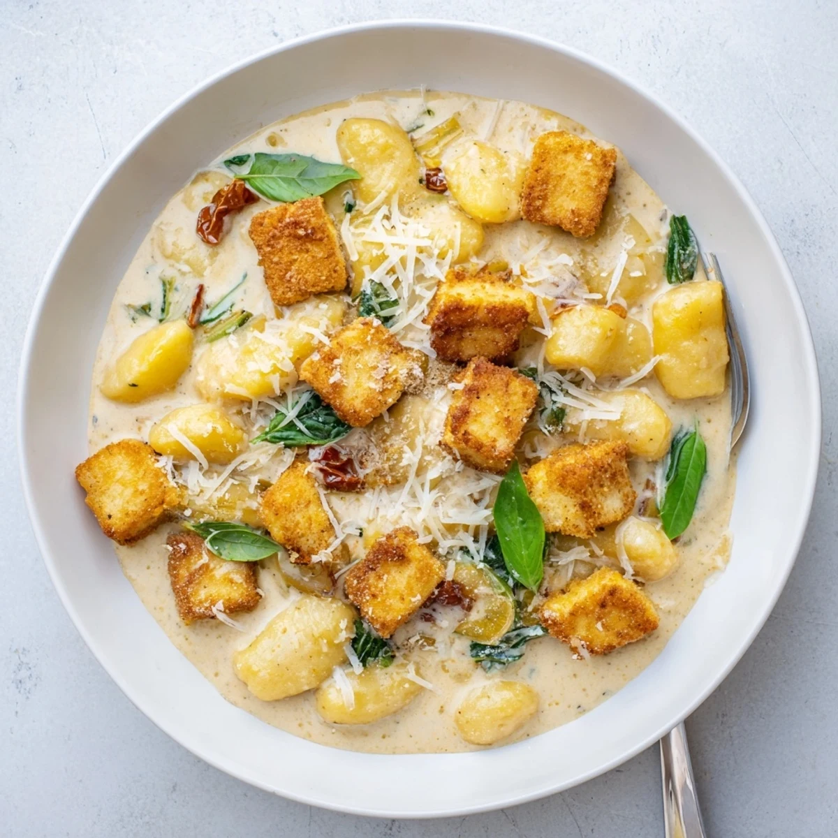 Golden crispy tofu cubes nestled with pillowy gnocchi in a rich, creamy sun-dried tomato sauce