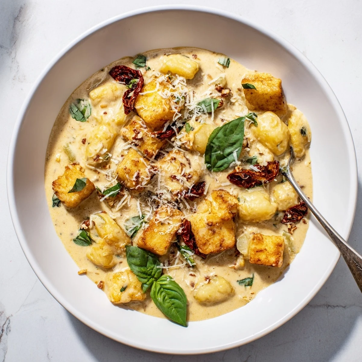 Crispy pan-fried tofu and tender gnocchi swimming in a luscious sun-dried tomato cream sauce