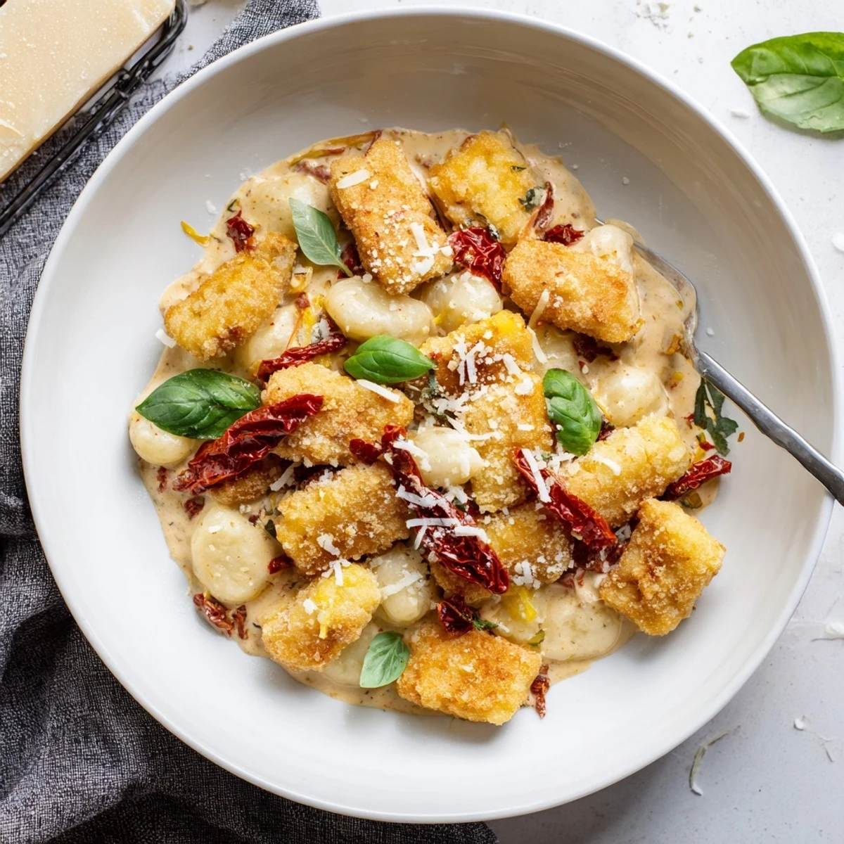 Restaurant-style Marry Me crispy tofu with gnocchi coated in a savory, herb-infused cream sauce