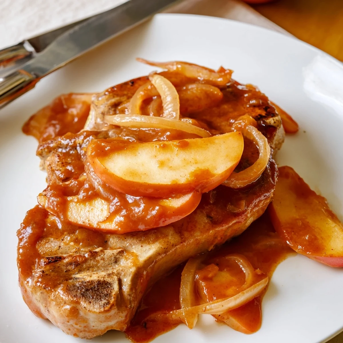 Golden seared pork chops nestled in sweet apple butter sauce with tender caramelized onions