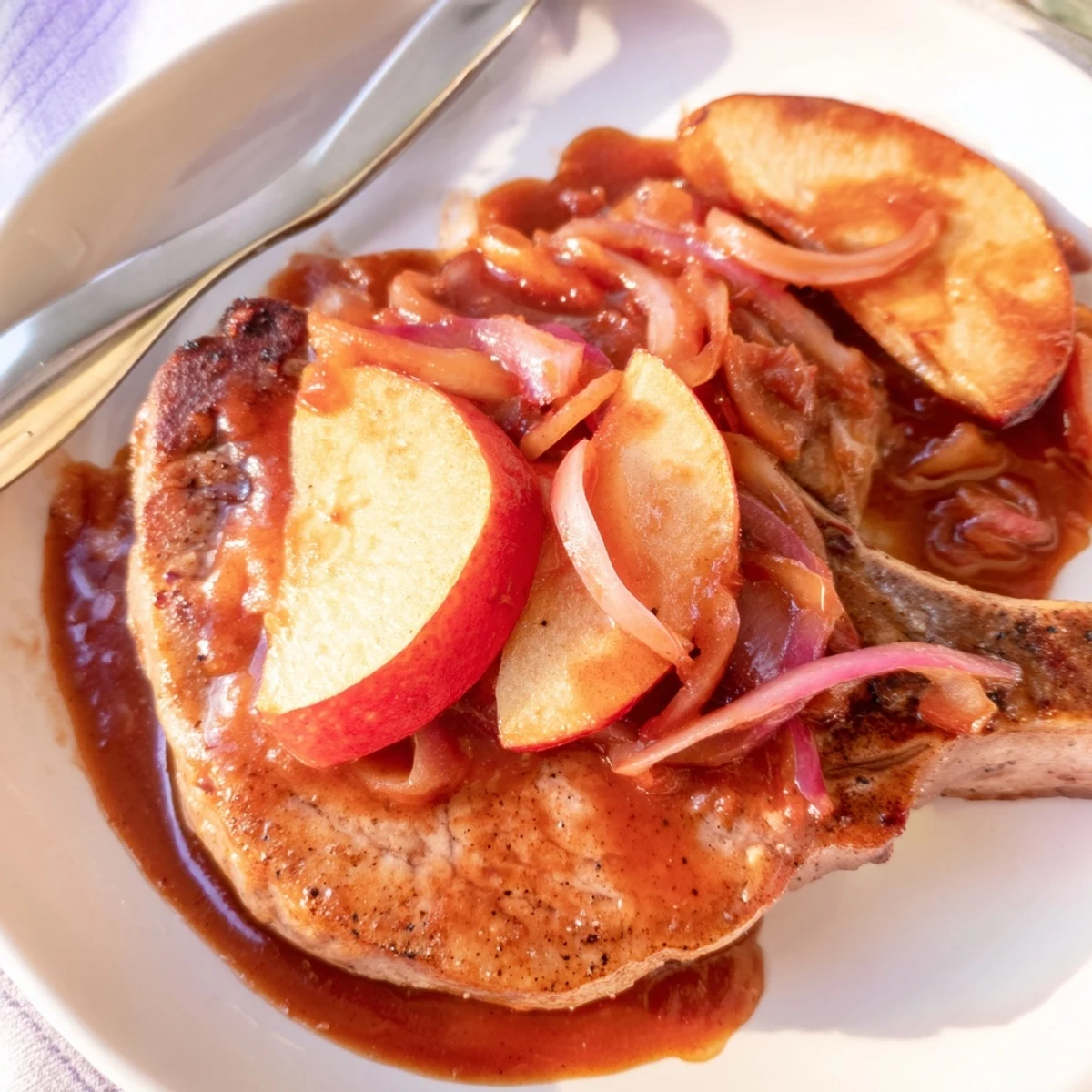 Succulent apple butter pork chops topped with cinnamon spiced apples and rich glossy glaze