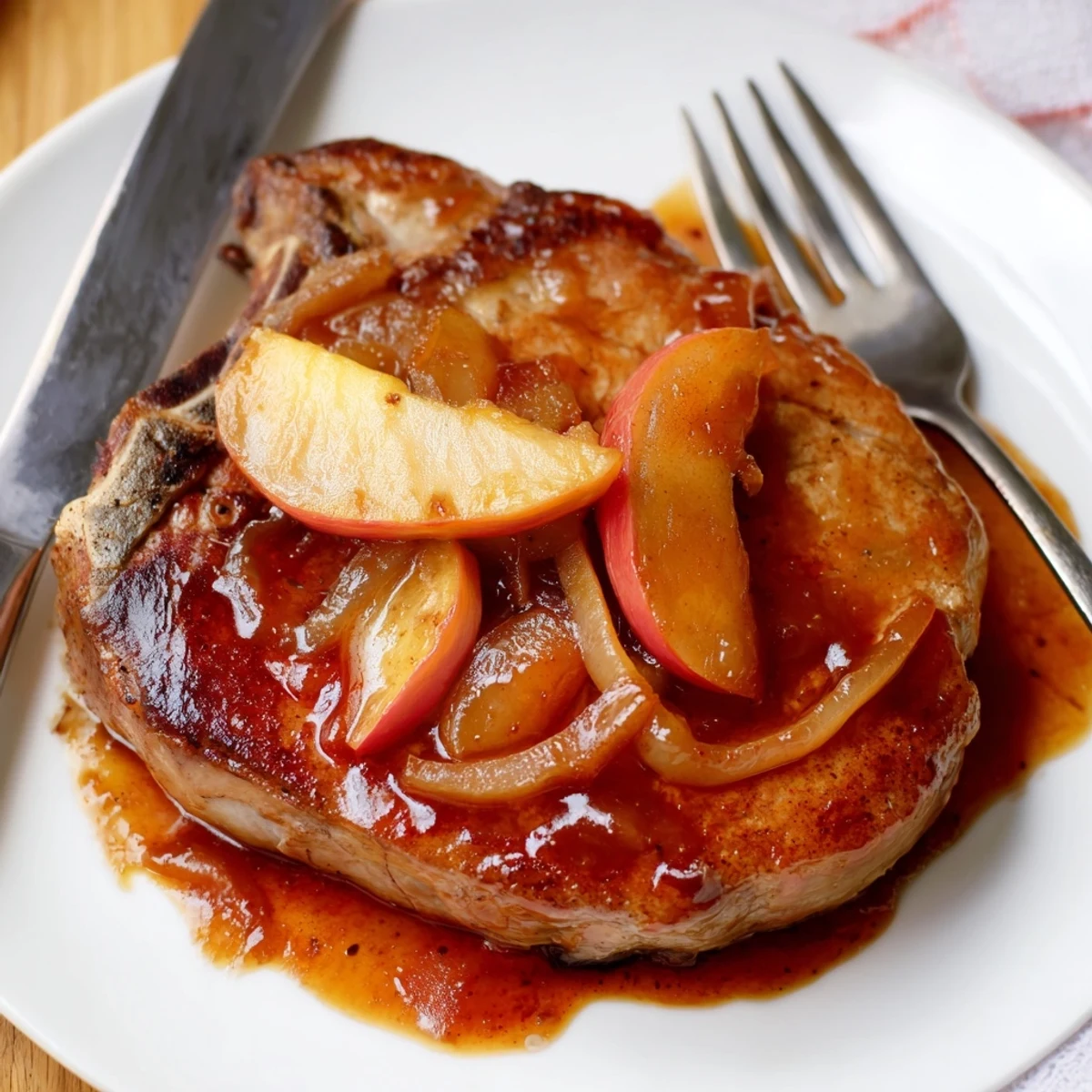 Juicy oven baked pork chops smothered in homemade apple butter sauce with fresh apple slices