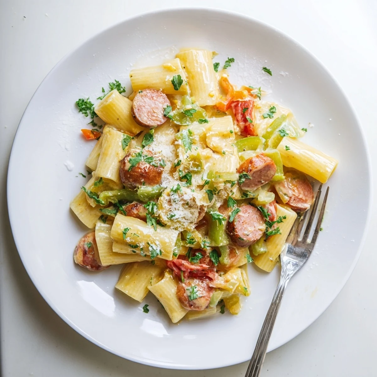 One pot Cajun sausage pasta with tender penne swimming in rich Parmesan cream sauce