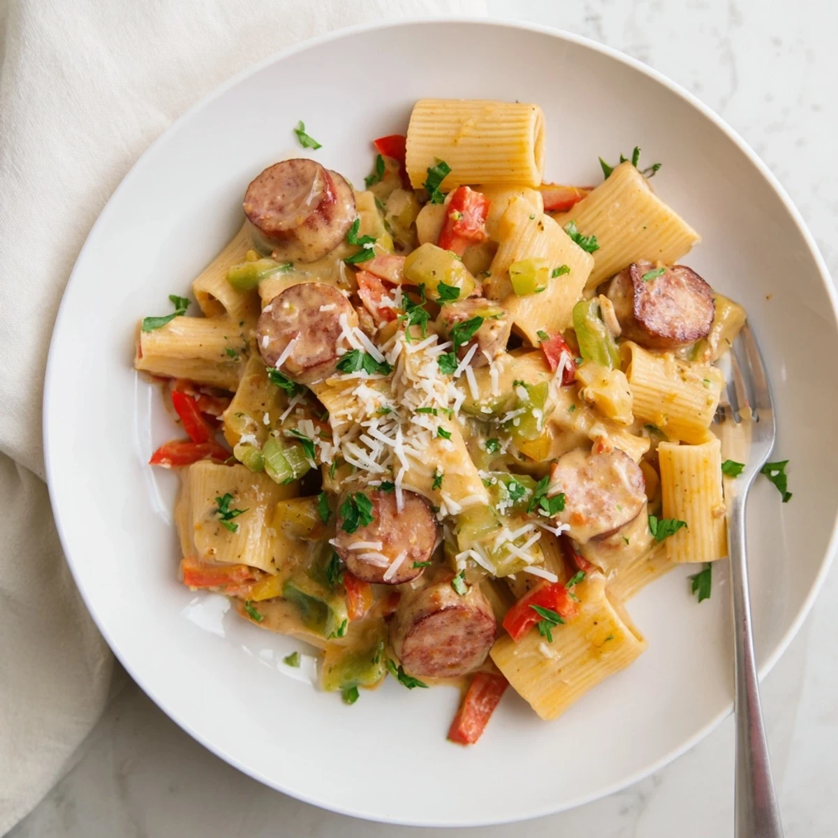 Creamy Cajun sausage pasta coated in spicy red sauce with colorful bell pepper pieces