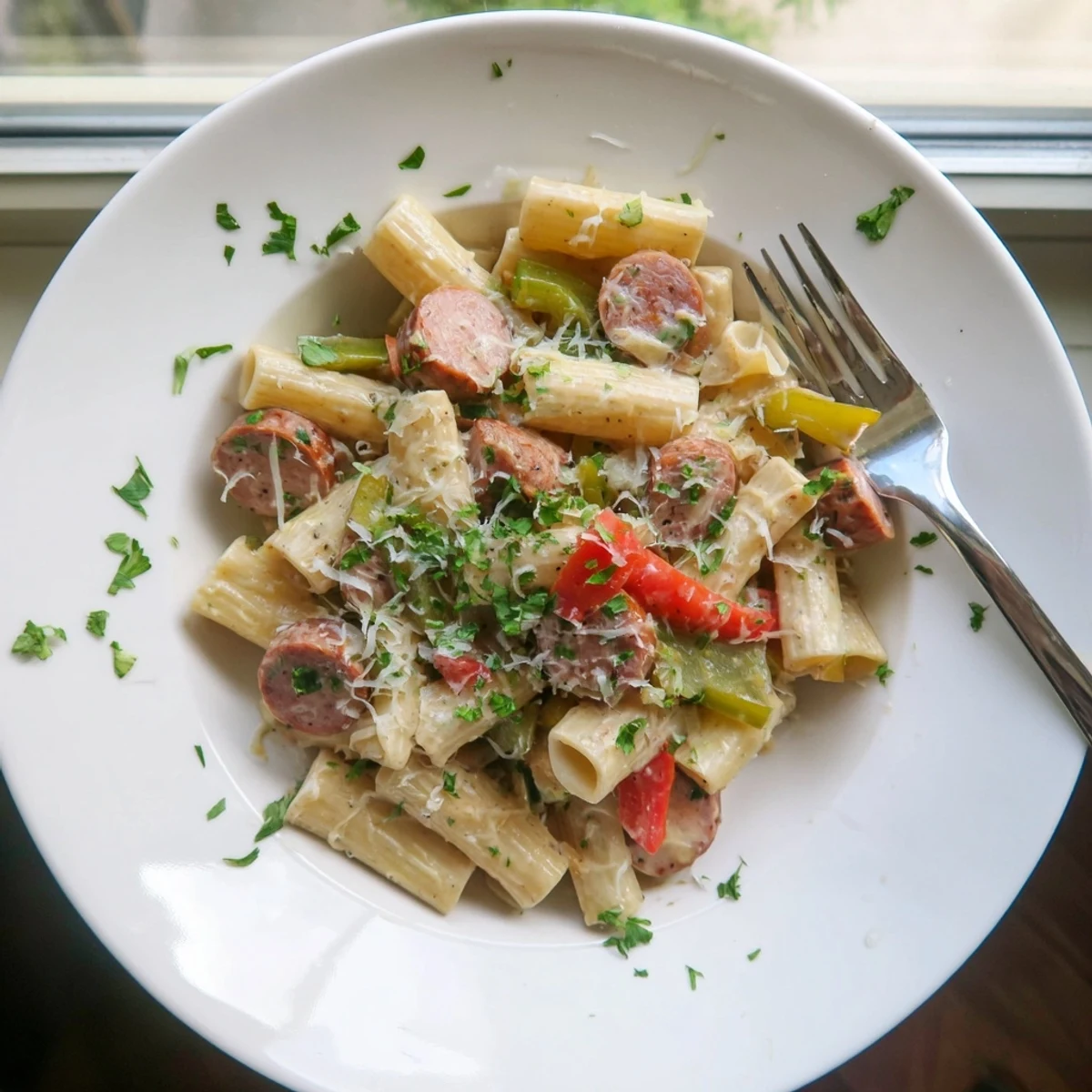 Steaming bowl of spicy Cajun sausage pasta with diced vegetables and melted cheese garnish