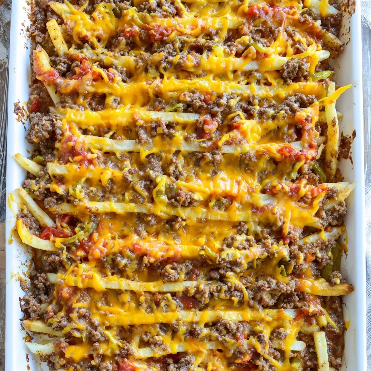 Golden crispy French fries blanket seasoned beef in this cheesy cheeseburger French fry casserole