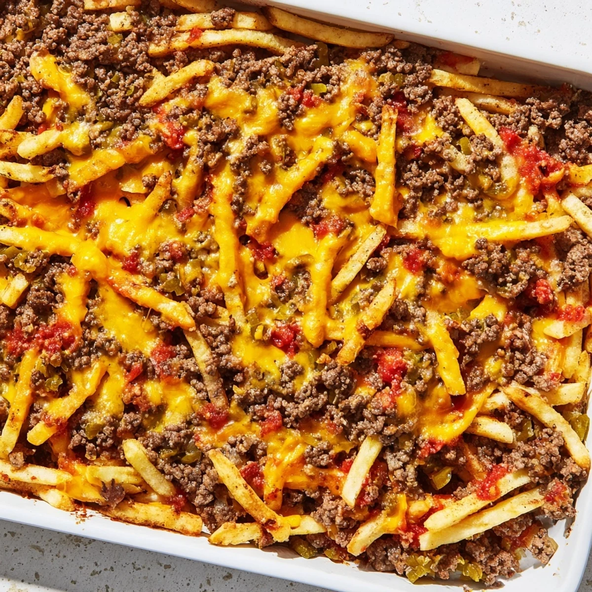 Comforting cheeseburger French fry casserole bubbling with melted cheddar and perfectly browned crinkle fries