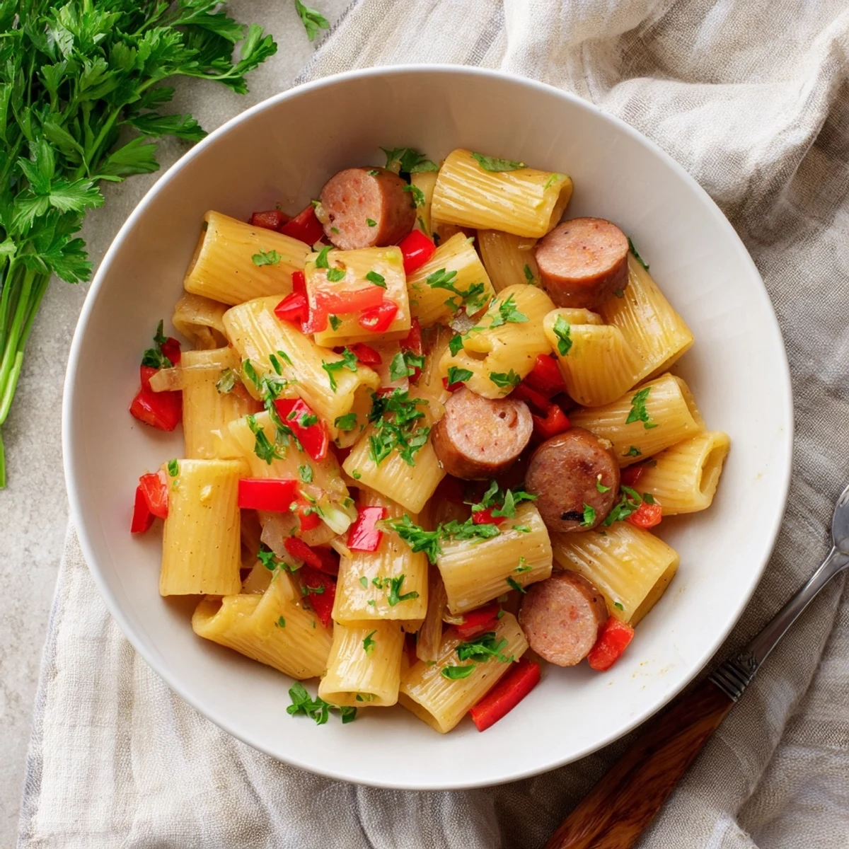 Golden honey garlic sausage pasta skillet featuring tender penne coated in a glossy sweet and savory glaze with sliced smoked sausage and colorful bell peppers