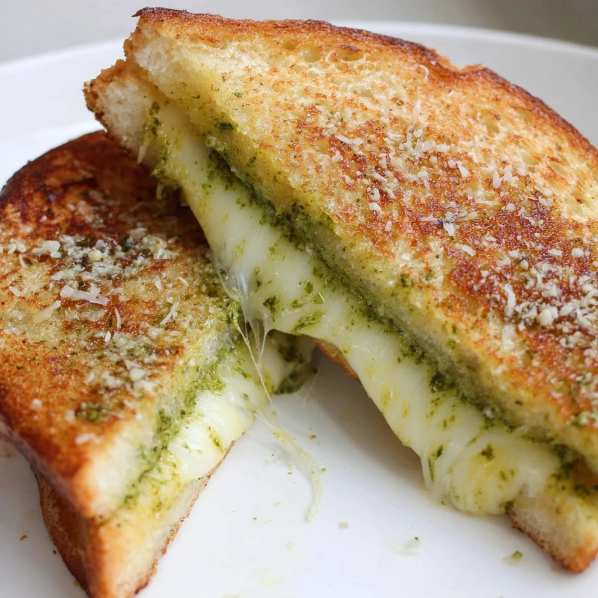Golden crispy pesto grilled cheese sandwich oozing melted mozzarella cheese on a cutting board