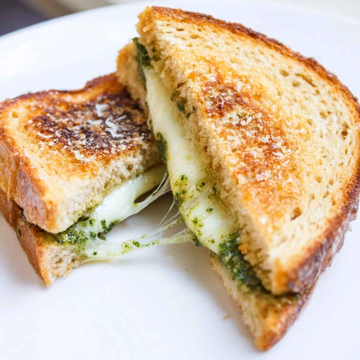 Sliced gourmet pesto grilled cheese showcasing vibrant green basil layers and gooey melted cheese interior