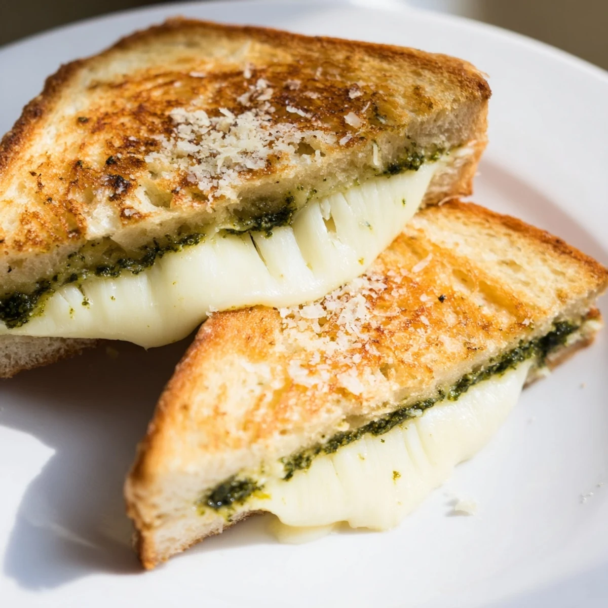 Buttered sourdough pesto grilled cheese sandwich with melty mozzarella perfect for lunch or dinner
