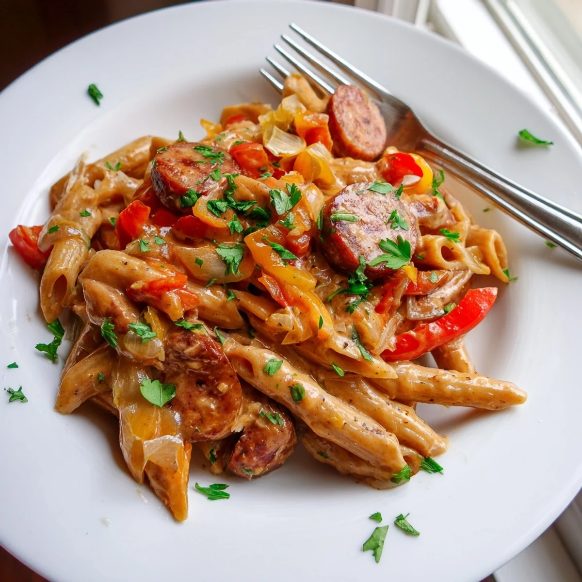 Creamy Cajun sausage pasta with smoky slices and tender penne in a rich spiced sauce