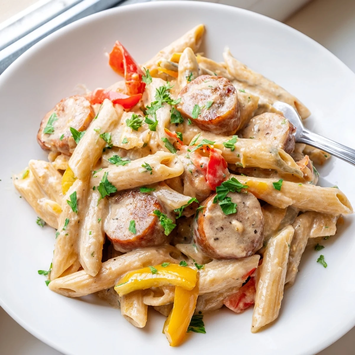 One pot Cajun sausage pasta featuring diced vegetables and parmesan in a creamy red sauce