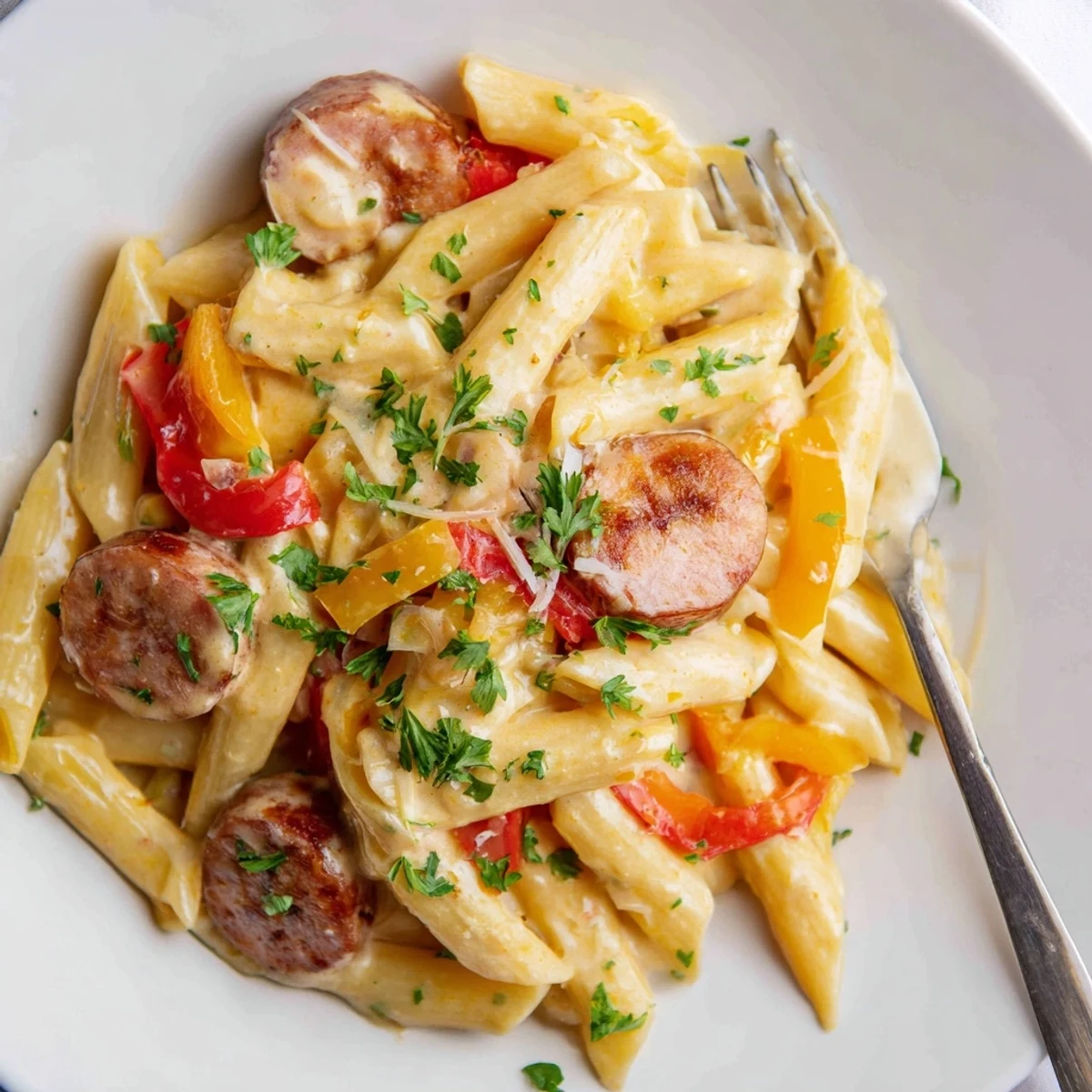 Savory Cajun sausage pasta garnished with fresh parsley, served steaming in a single dish