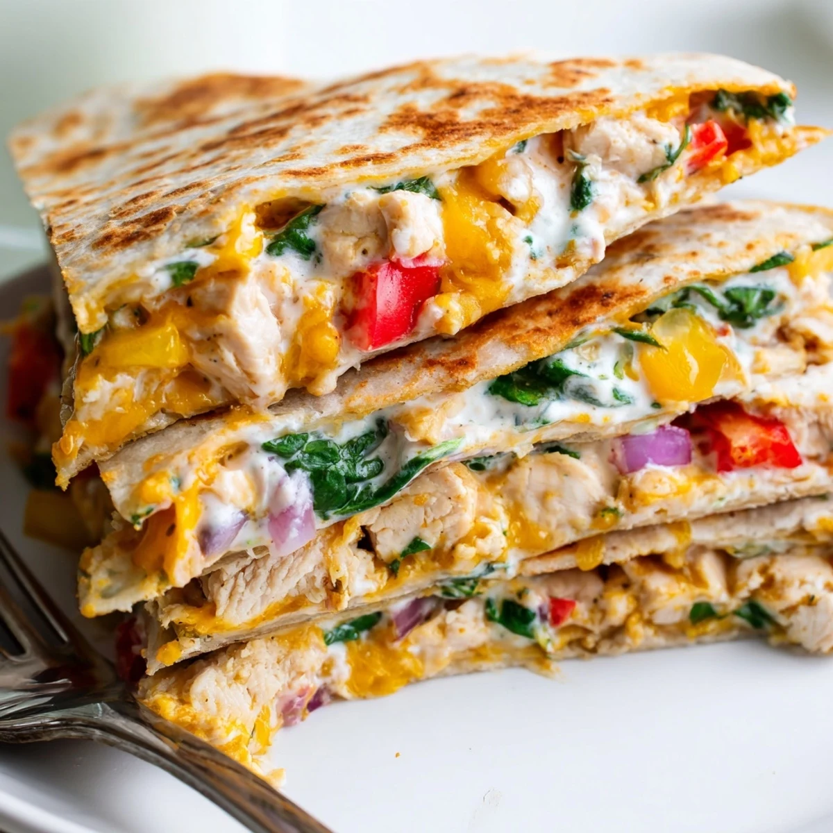 Savory chicken ranch quesadilla served warm on a plate with colorful vegetable fillings visible