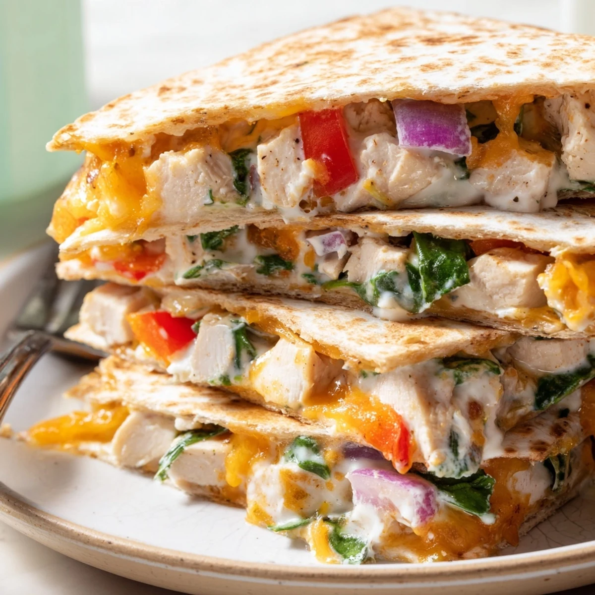 Golden brown high protein chicken ranch quesadilla sliced into wedges with melted cheese