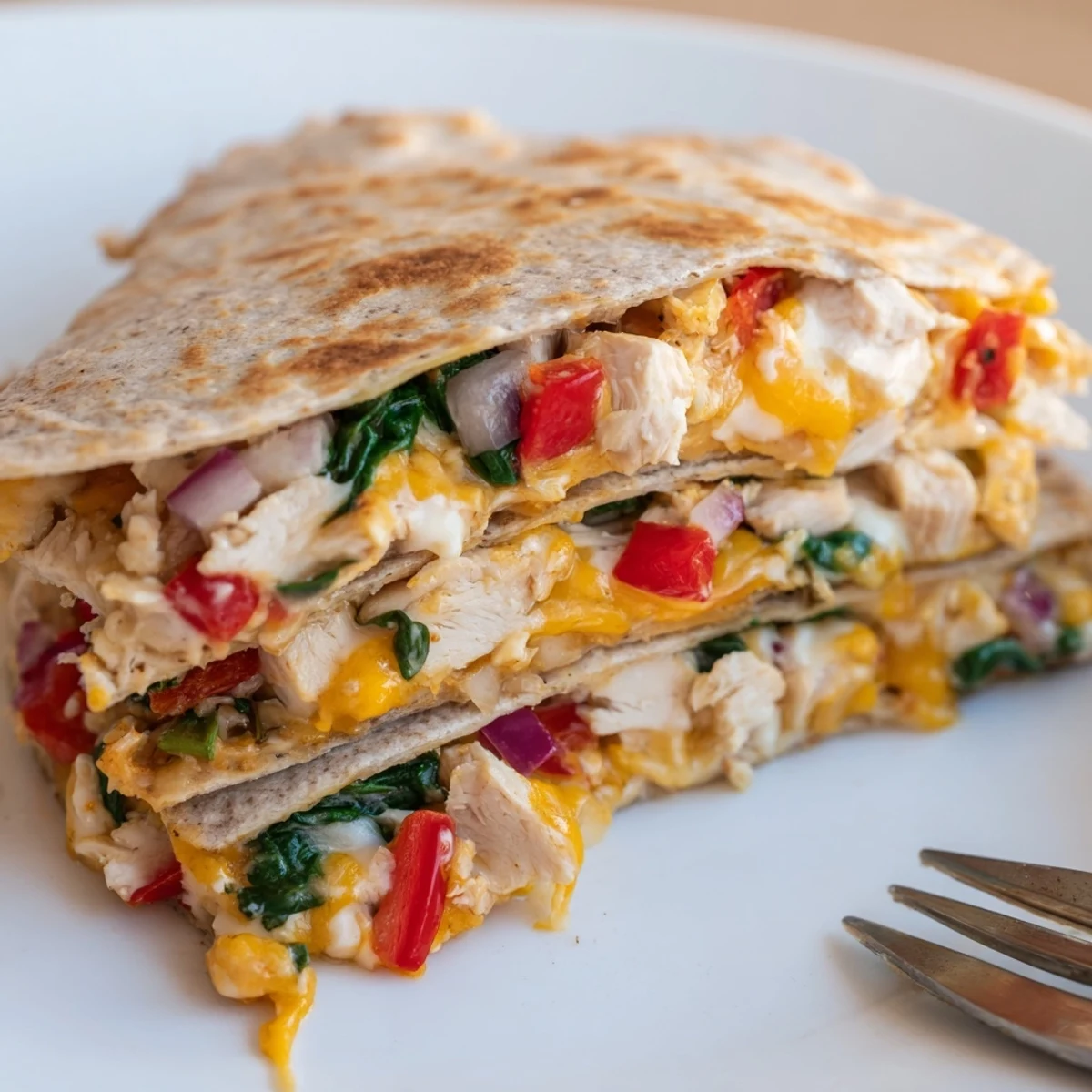 Crispy whole wheat quesadilla packed with seasoned chicken and gooey cheddar mozzarella cheese blend