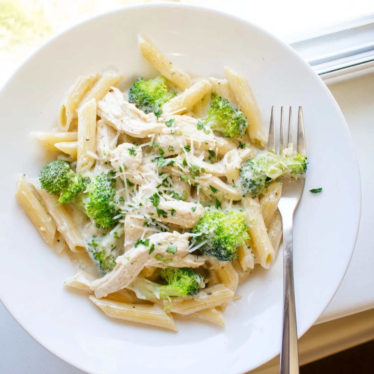 Creamy rotisserie chicken broccoli pasta in white sauce topped with fresh parsley and Parmesan cheese