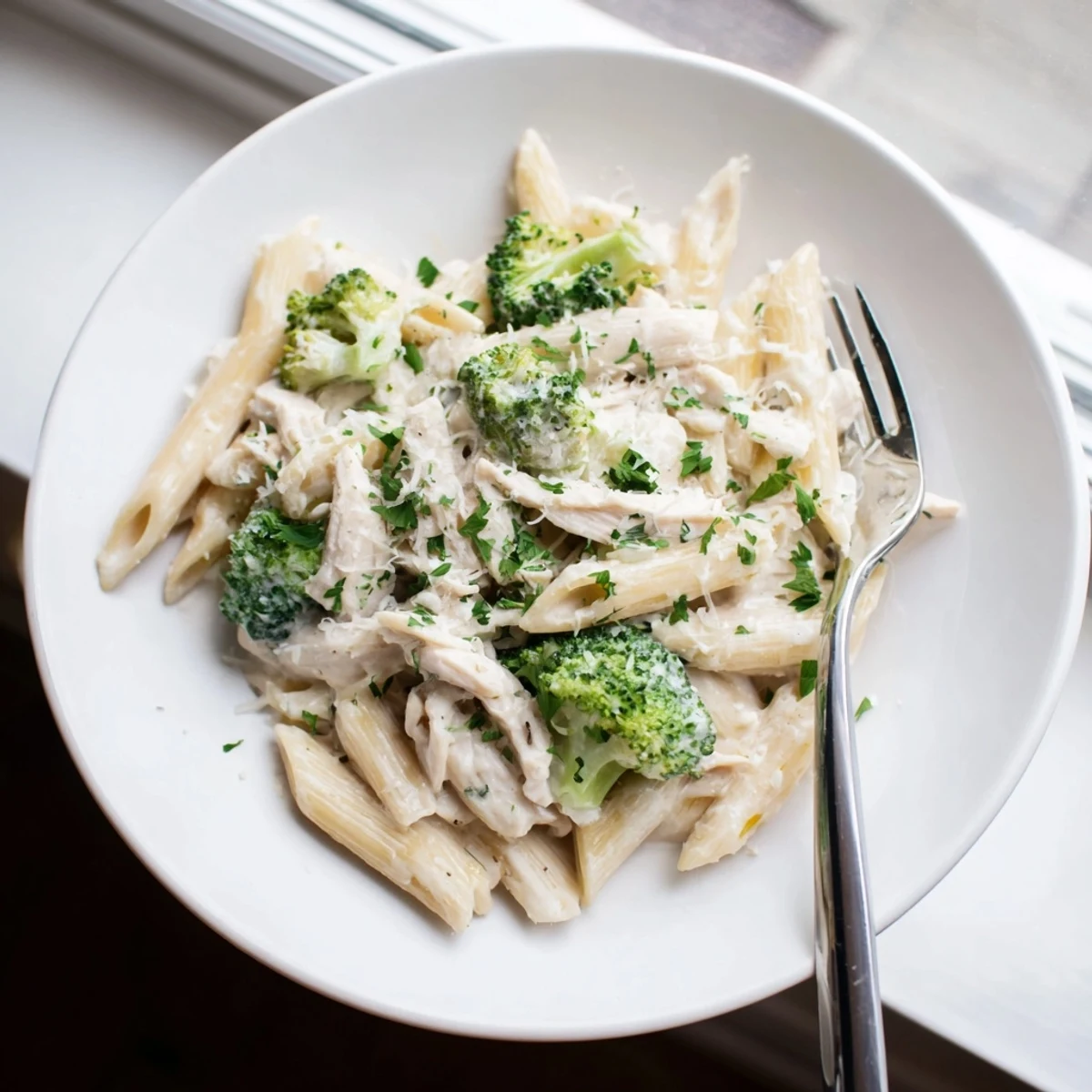 Rotisserie chicken broccoli pasta penne tossed with tender broccoli florets in garlic Parmesan cream sauce