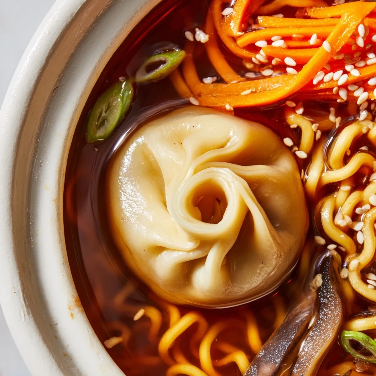 Steaming bowl of dumpling ramen soup with tender pork dumplings, fresh vegetables, and golden broth garnished with green onions and sesame seeds