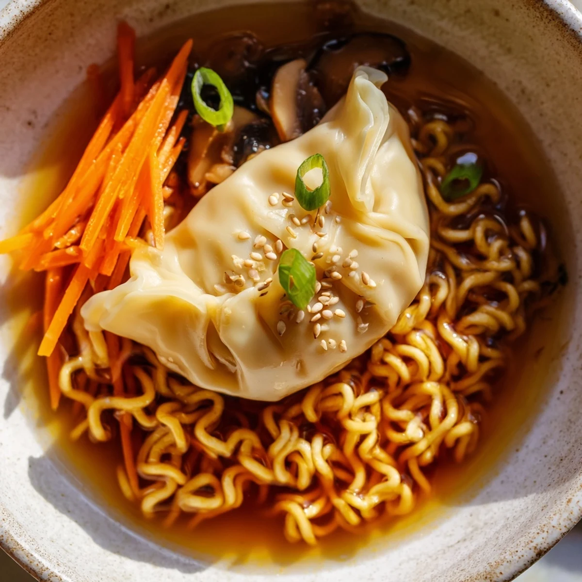 Comforting dumpling ramen bowl featuring plump dumplings nestled in savory miso broth with ramen noodles, spinach, mushrooms, and soft-boiled egg
