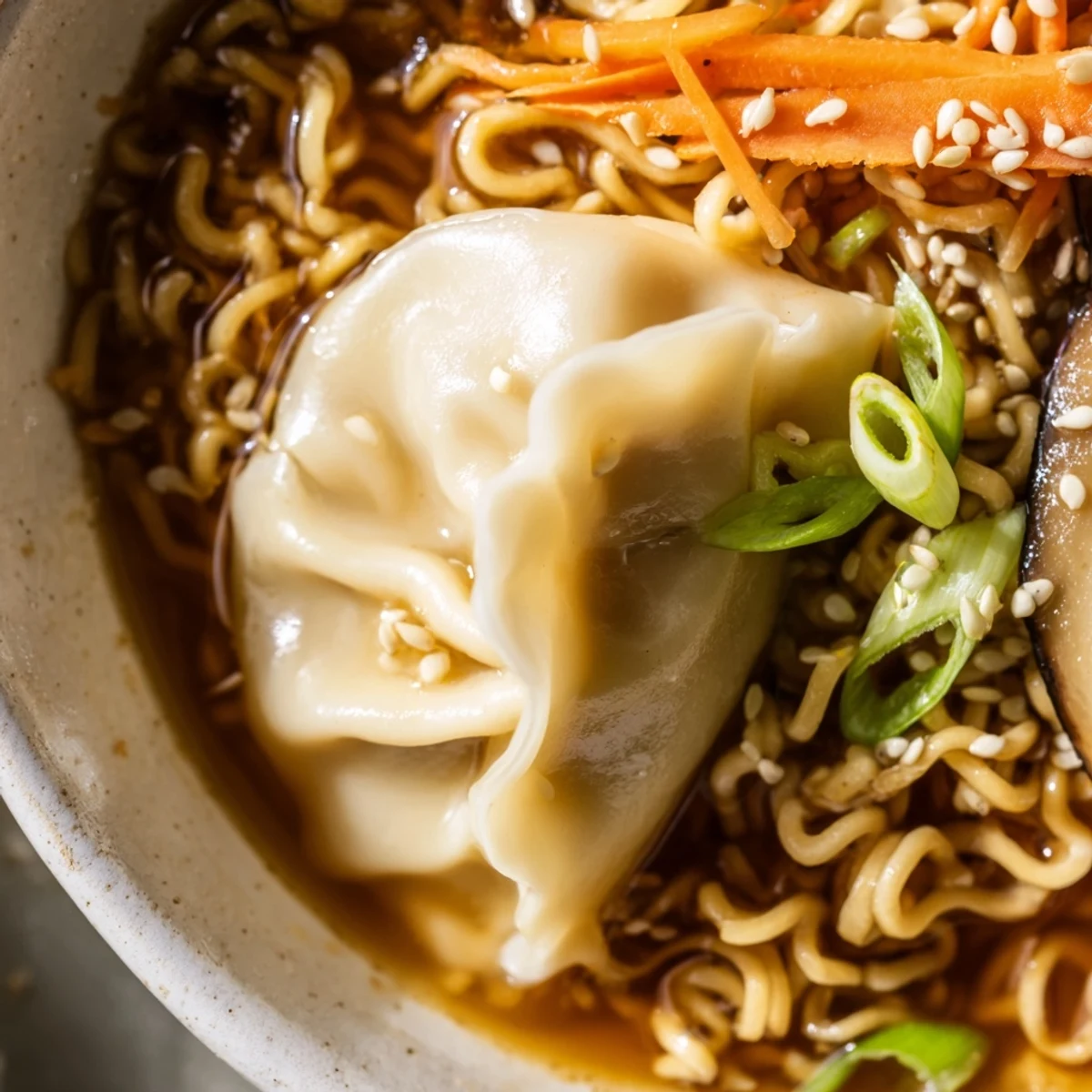 Asian fusion dumpling ramen with floating dumplings in rich soy-miso broth topped with julienned carrots, sliced chilies, and toasted sesame seeds