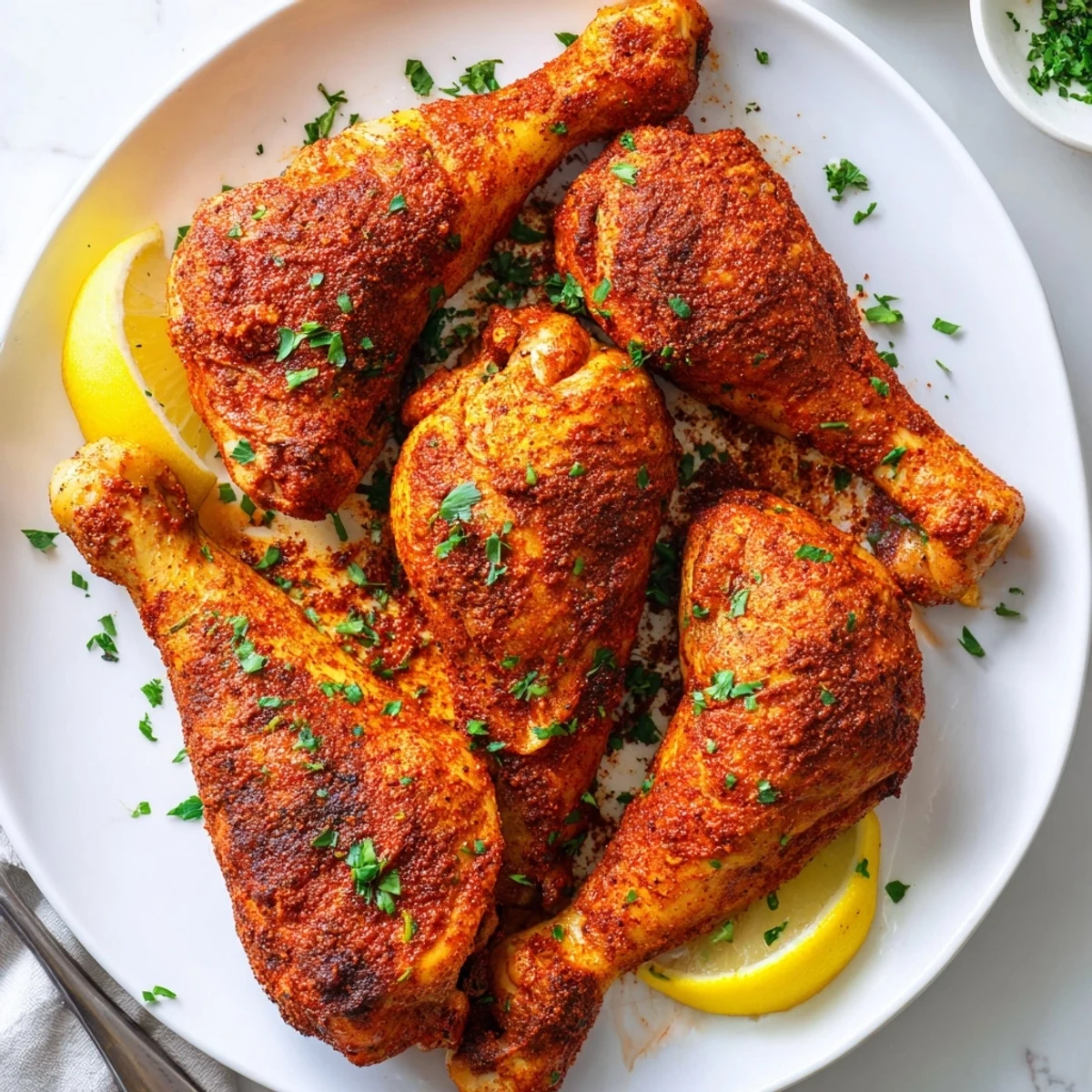 Golden brown paprika chicken legs with crispy roasted skin and fresh parsley garnish on a white baking sheet