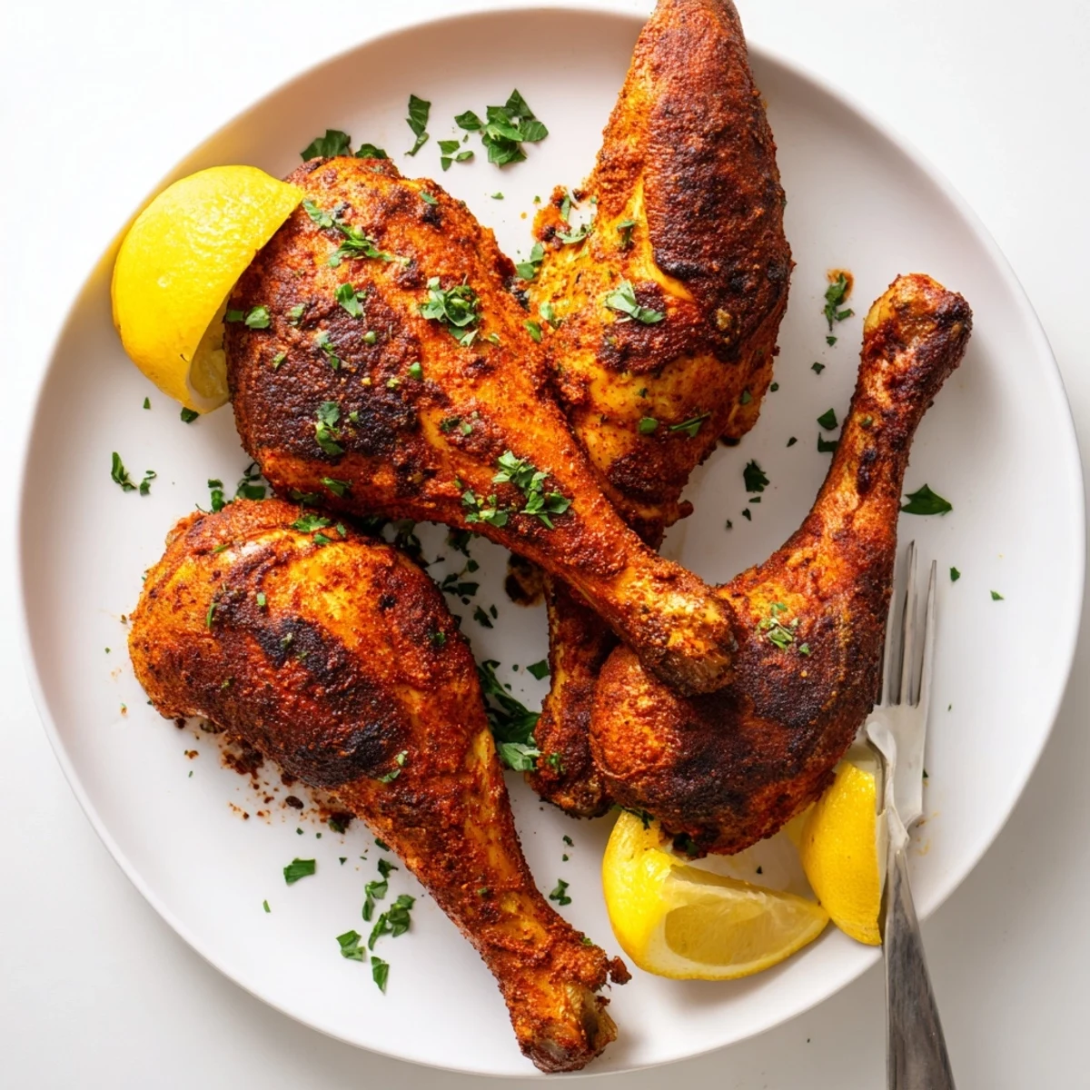 Four perfectly roasted paprika chicken legs arranged on a baking sheet with reddish-brown spice coating glistening under the light