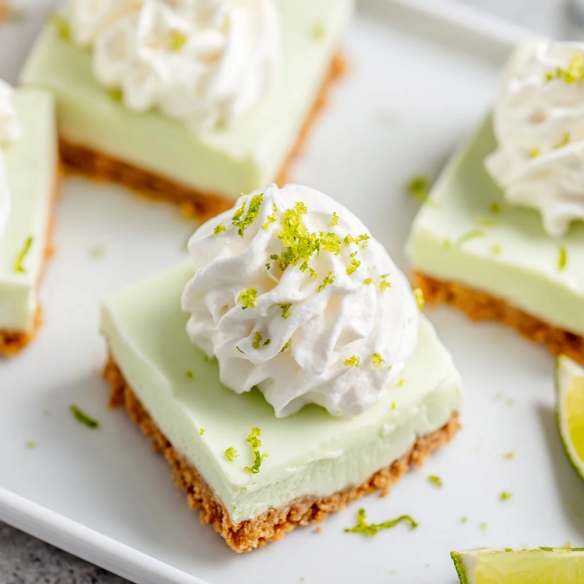 Golden crusted Key Lime Pie Bars with bright green filling and white whipped cream topping