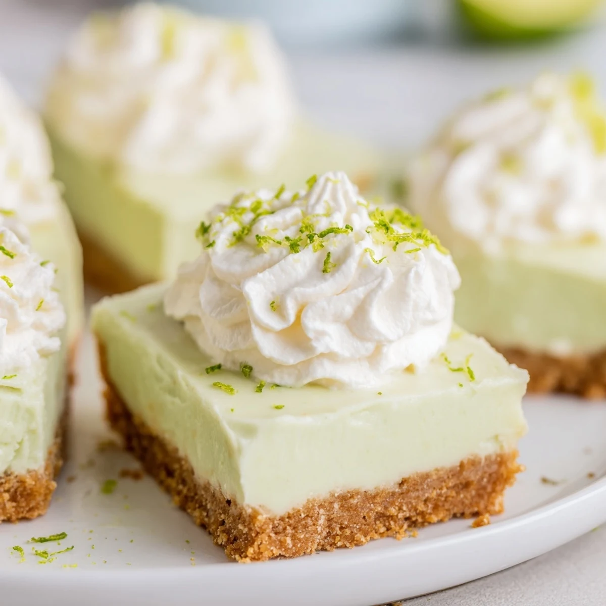 Freshly baked Key Lime Pie Bars cut into squares on a white serving plate