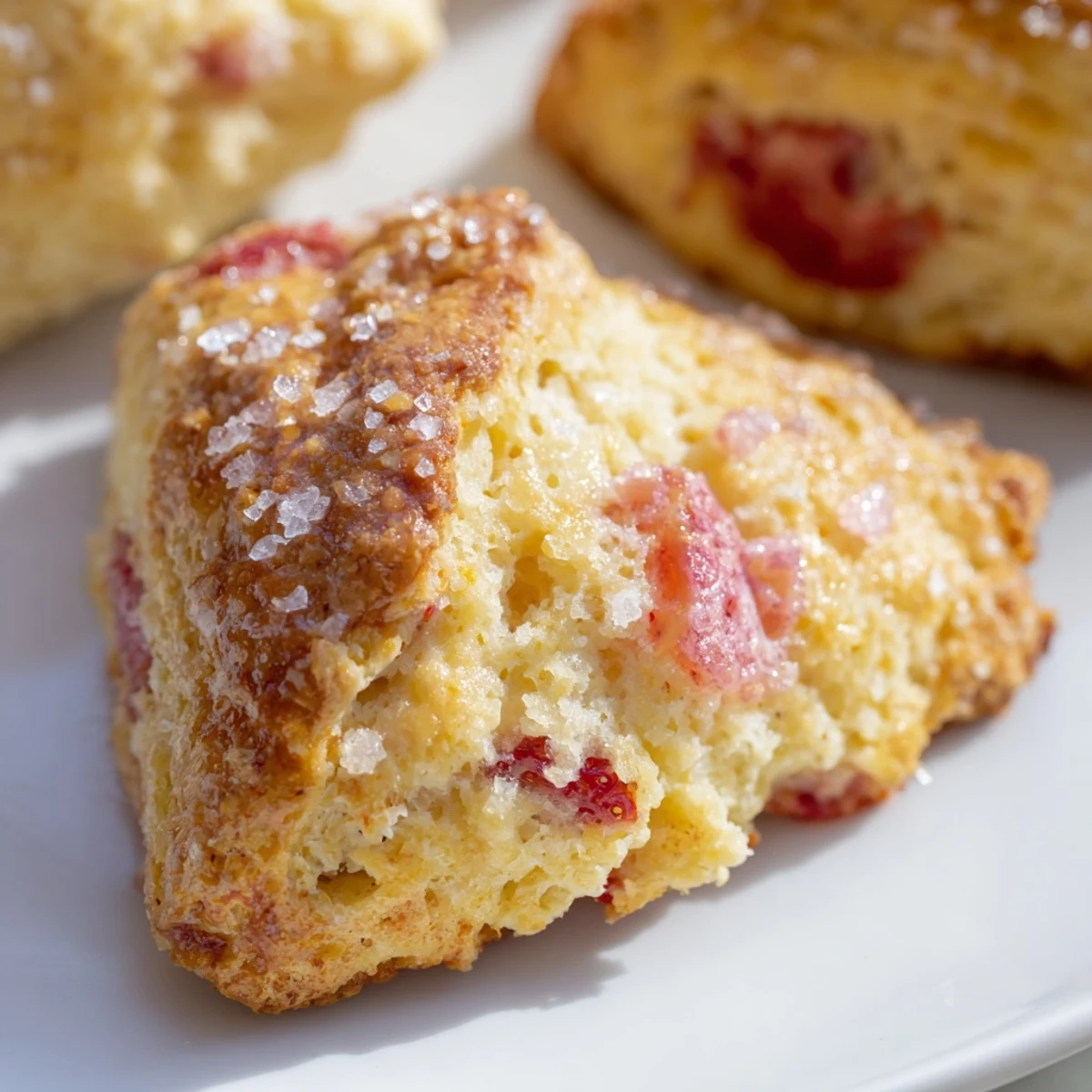 Golden homemade strawberry scones piled on a wire rack with fresh strawberries nearby
