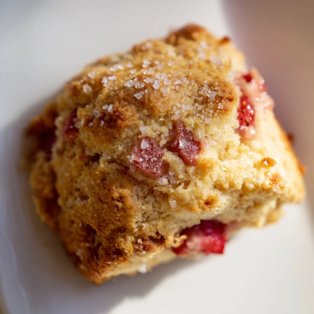 Flaky breakfast strawberry scones brushed with cream and topped with sparkling coarse sugar