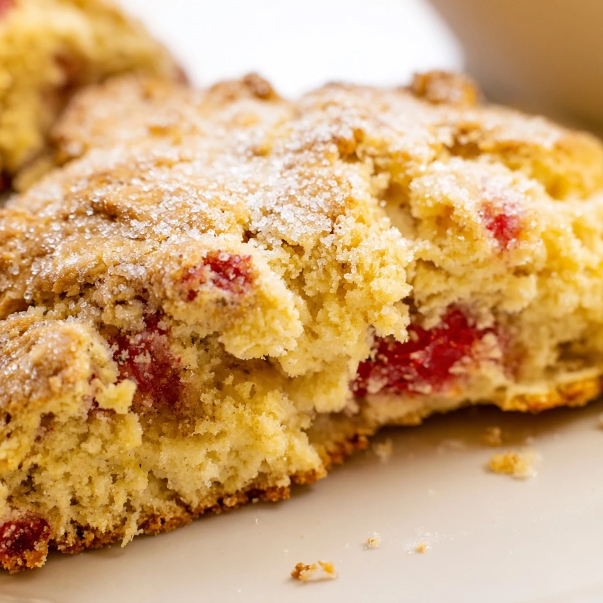 Freshly baked strawberry scones with red fruit chunks on a white serving plate