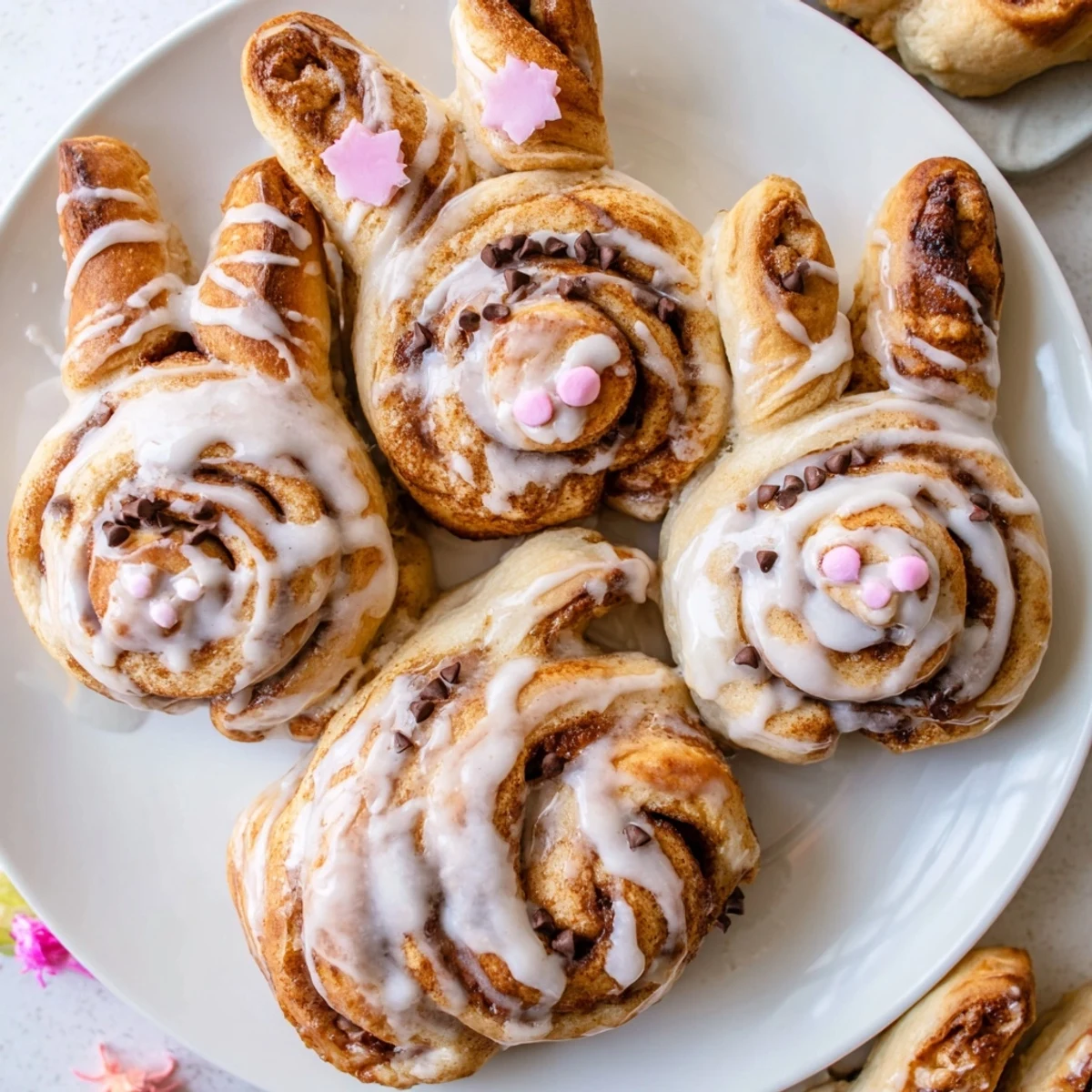 Soft homemade Easter Bunny cinnamon rolls decorated with chocolate chip eyes and pink sprinkle noses