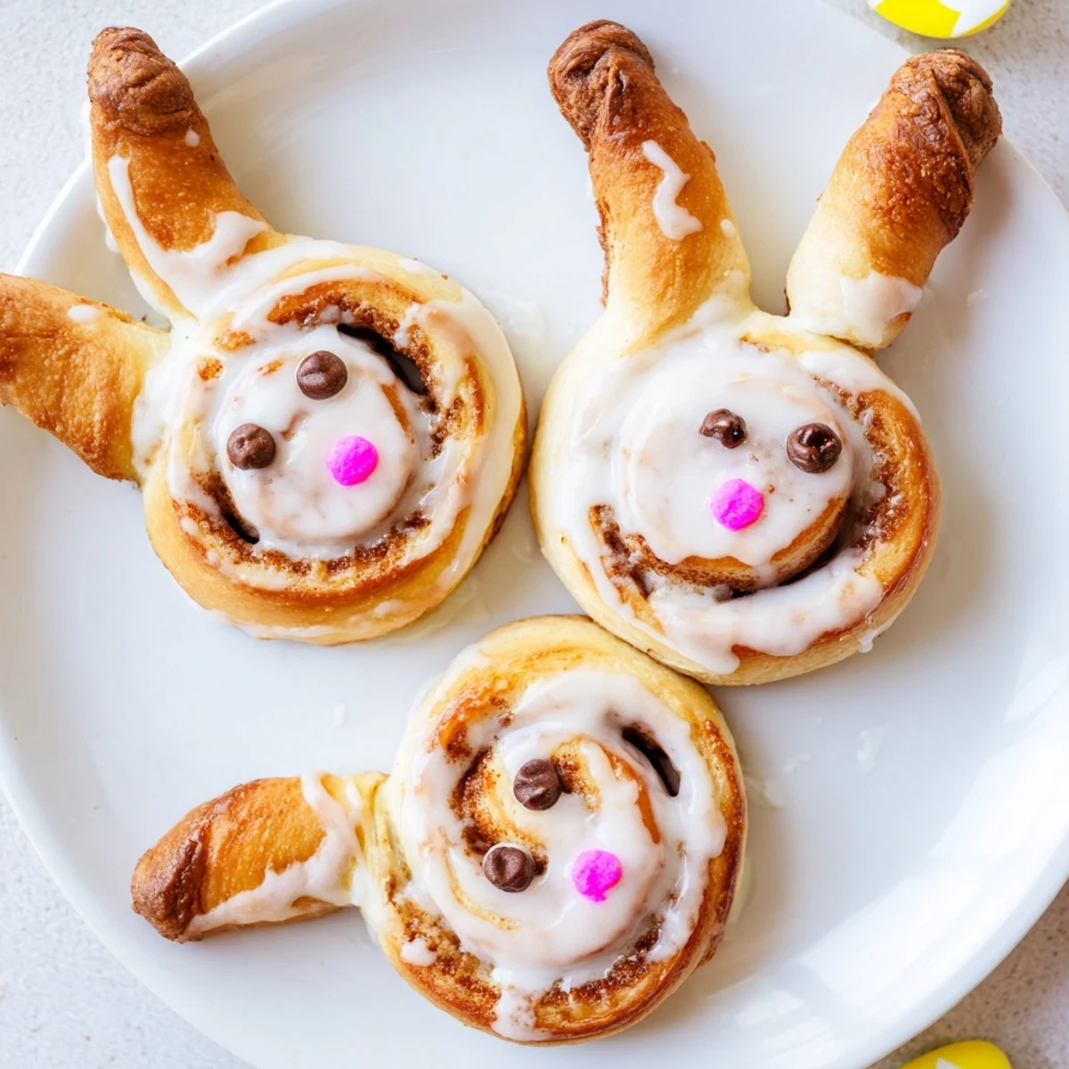 Golden Easter Bunny cinnamon rolls with fluffy spirals and sweet white icing drizzled over warm dough