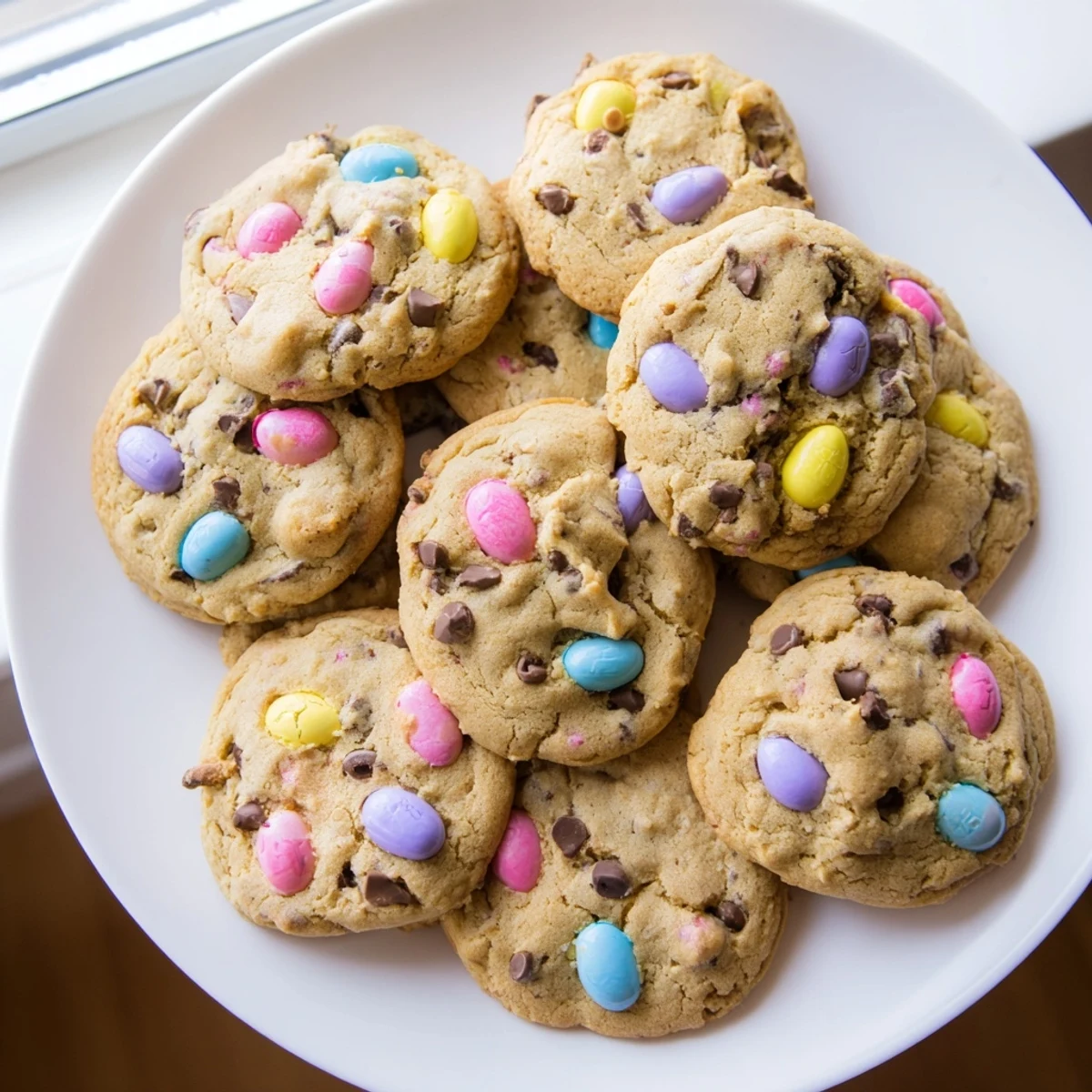 Chewy homemade mini egg cookies with melty chocolate chips and crunchy candy egg pieces