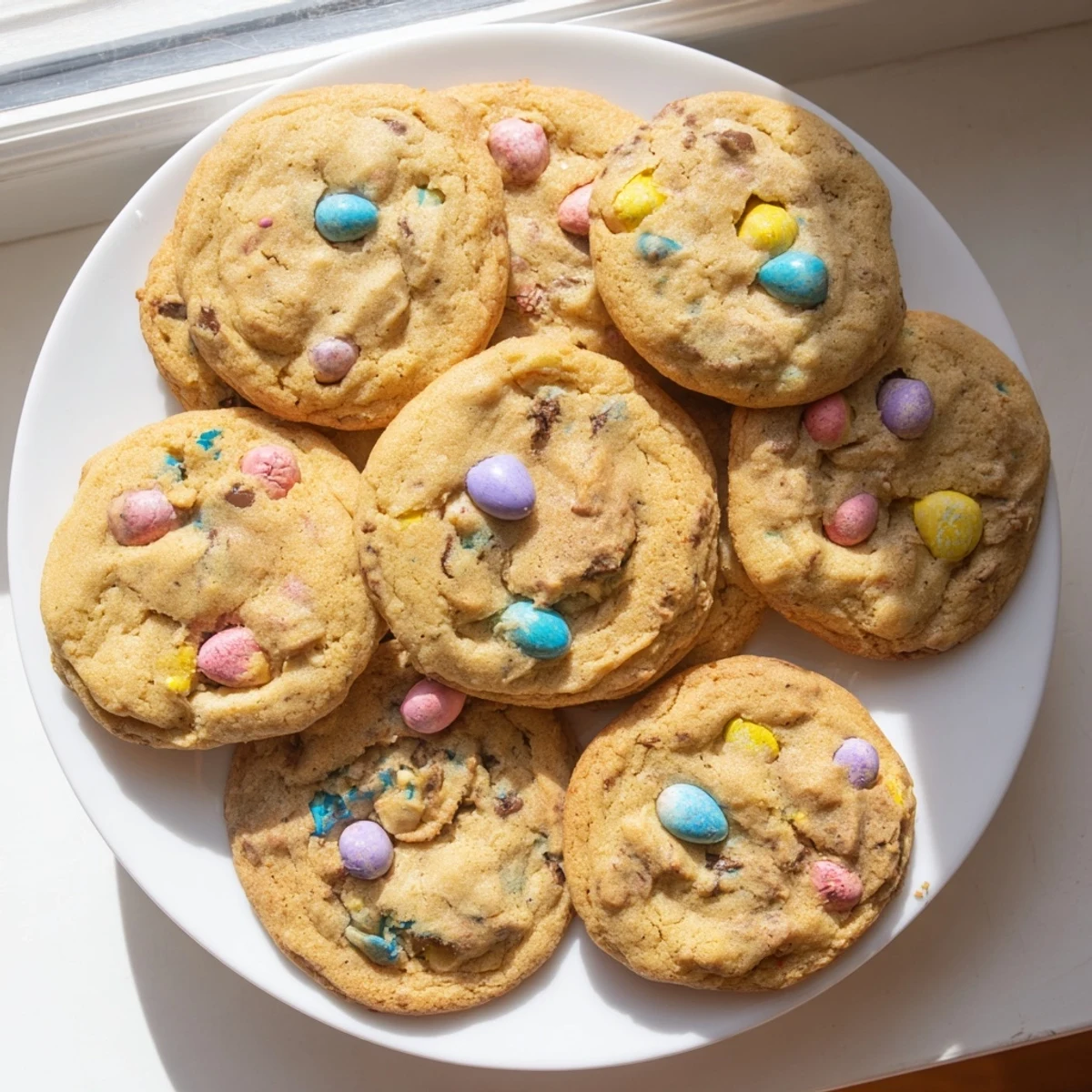 Golden mini egg cookies studded with colorful chocolate candies on a baking sheet