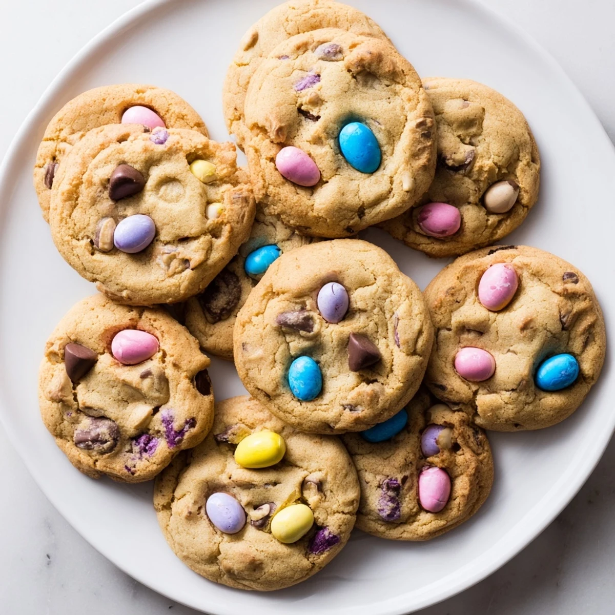 Freshly baked mini egg cookies cooling on a wire rack with pastel egg toppings